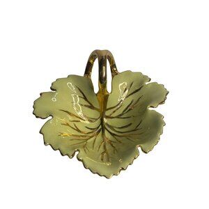 VTG Porcelain Leaf Dish – Light Green w/ Gold Handle, 5" Collectible Centerpiece